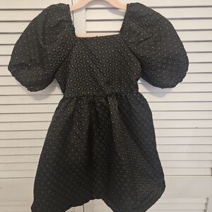 Copper Key Black Puff-Sleeve Party Dress with Gold Dot Accents